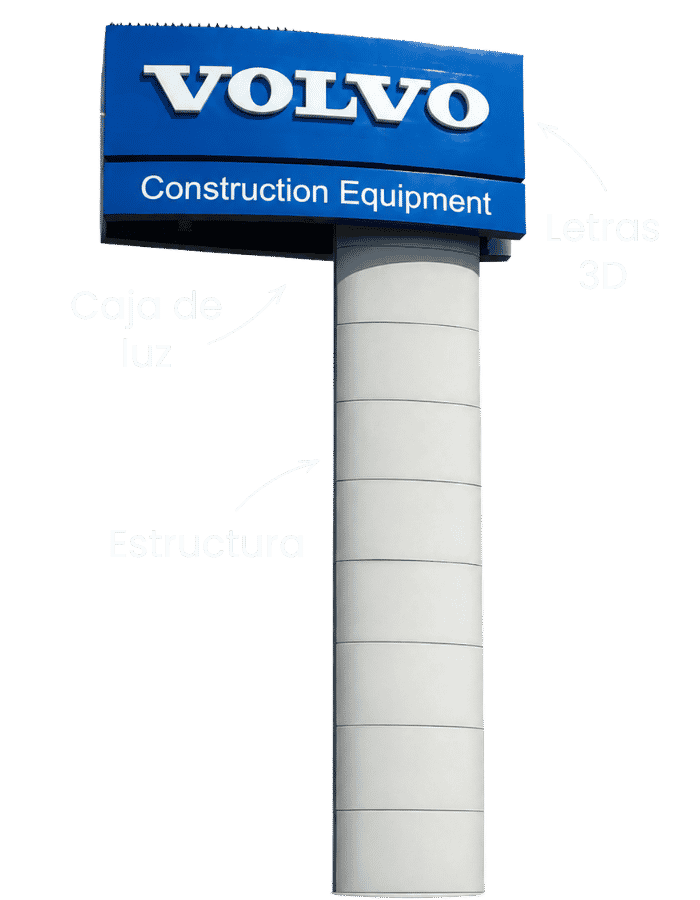 AIDA Display tótem publicitario con letras 3D, caja de luz y estructura
